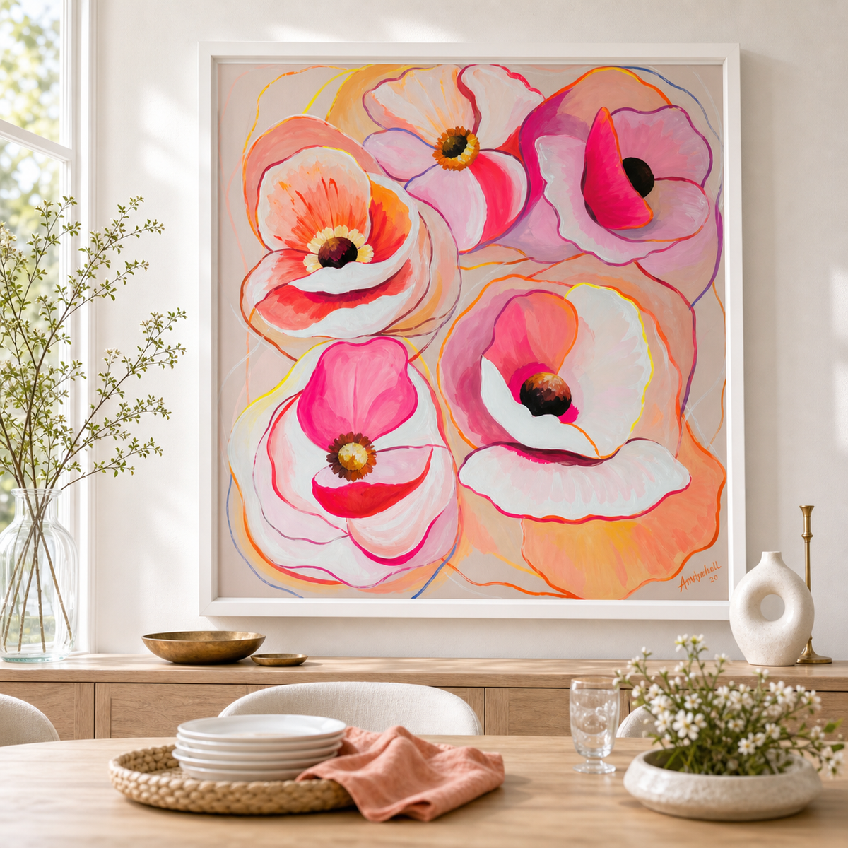 Coral Poppy Quartet by Amber Miro, original painting of four coral and pink poppies, in a white frame above a dining table