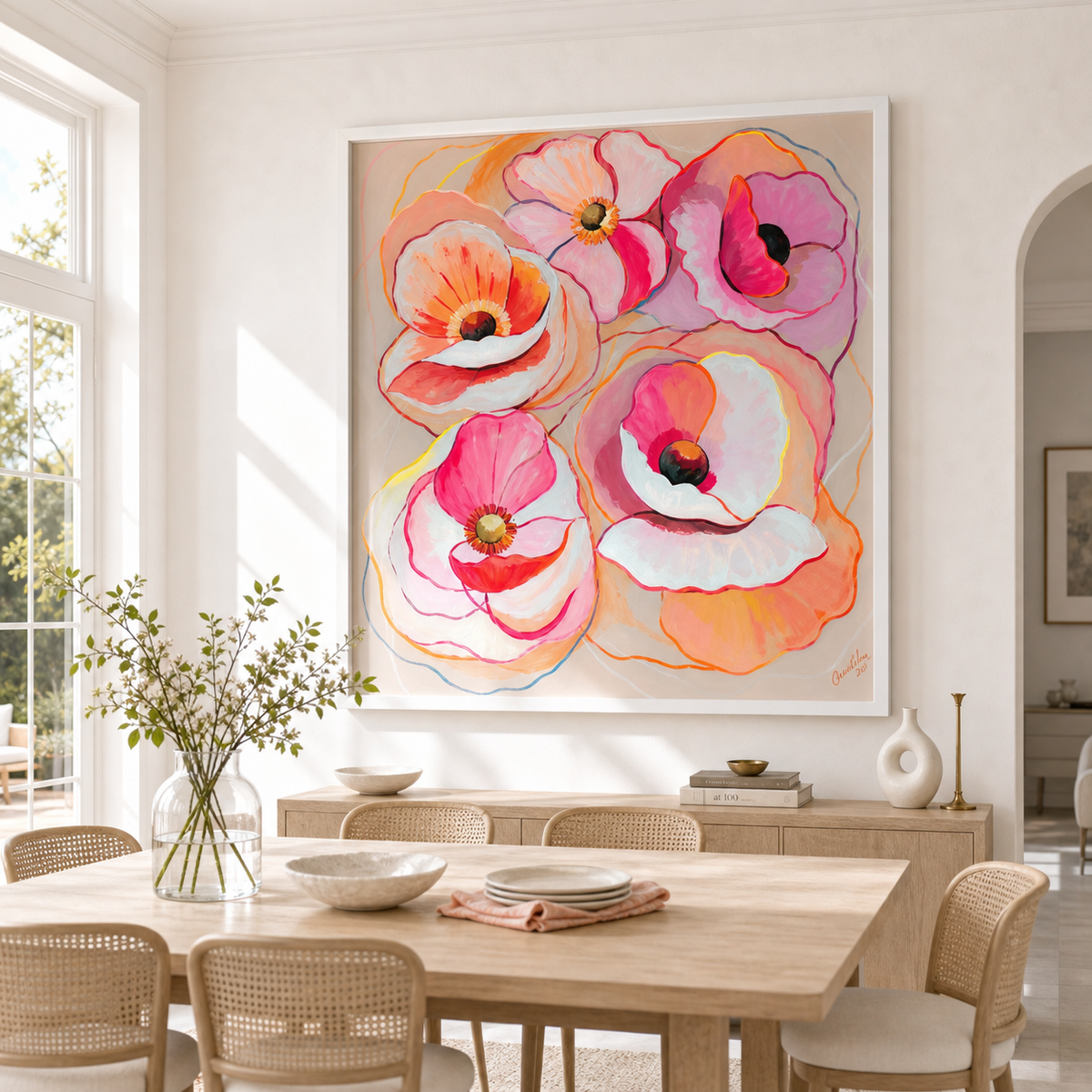 Coral Poppy Quartet by Amber Miro, original painting of four coral and pink poppies, hanging in a sunlit dining room