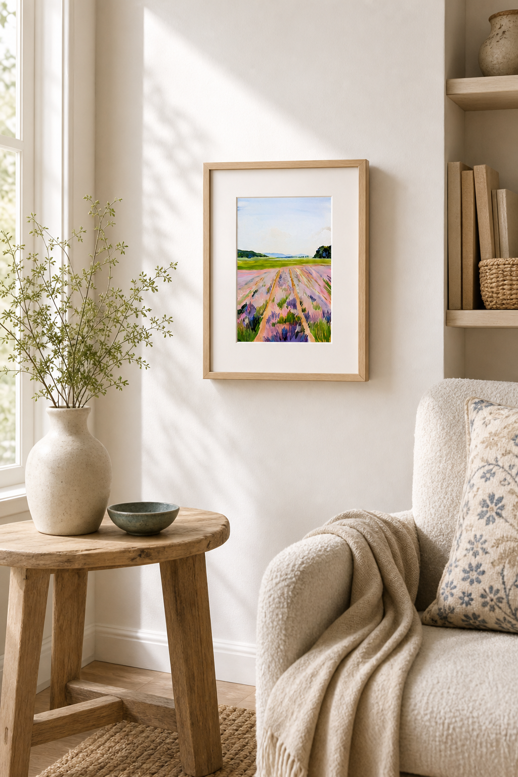 Lavender Field by Amber Miro, original lavender field painting at golden hour, framed in oak beside an armchair
