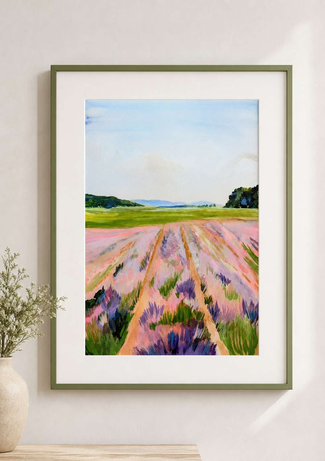 Lavender Field by Amber Miro, original lavender field painting at golden hour, front view in a green frame with white mat