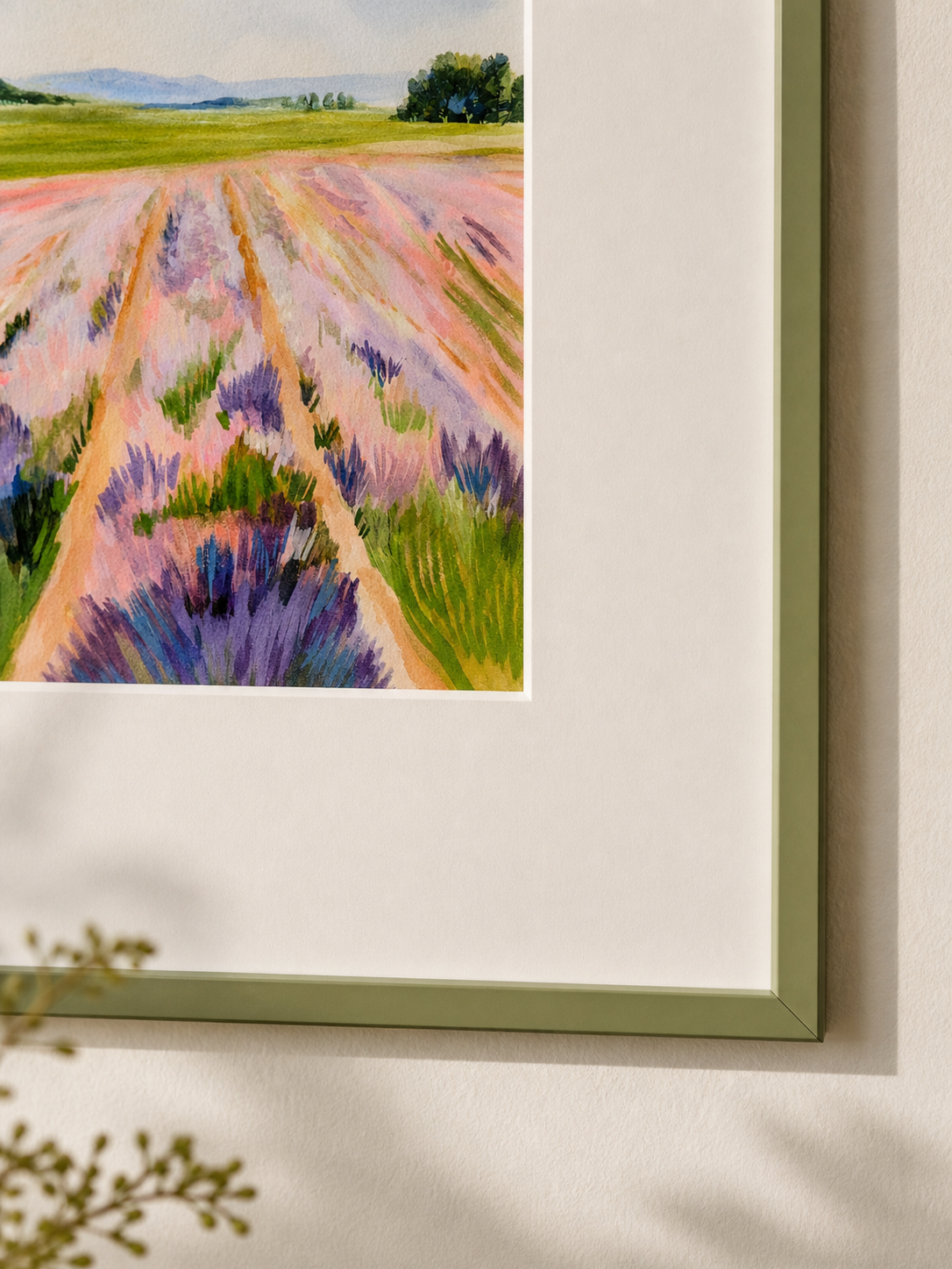Lavender Field by Amber Miro, original lavender field painting at golden hour, angled close-up of the green frame