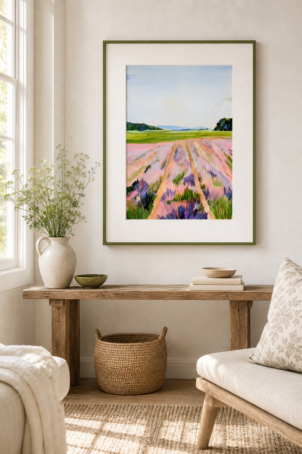 Lavender Field by Amber Miro, original lavender field painting at golden hour, in a green frame above a wooden console