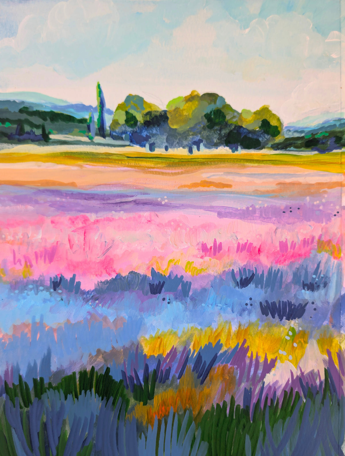 Lavender Field, Vertical by Amber Miro, original vertical lavender field painting, full view, straight on