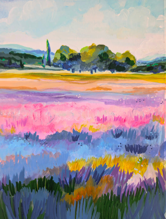 Lavender Field, Vertical by Amber Miro, original vertical lavender field painting, full view, straight on