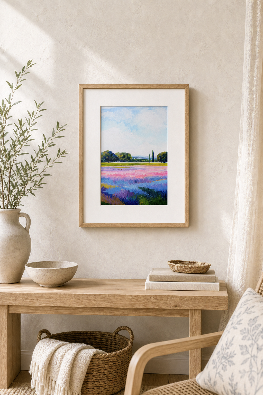 Lavender Field, Vertical by Amber Miro, original vertical lavender field painting, framed above a small wooden console