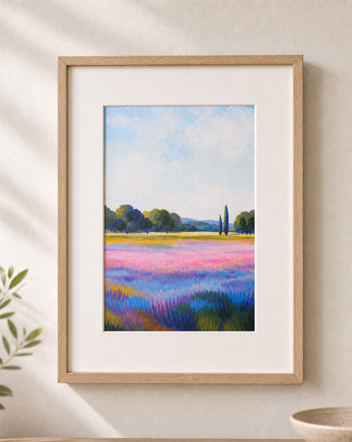 Lavender Field, Vertical by Amber Miro, original vertical lavender field painting, front view, matted in an oak frame
