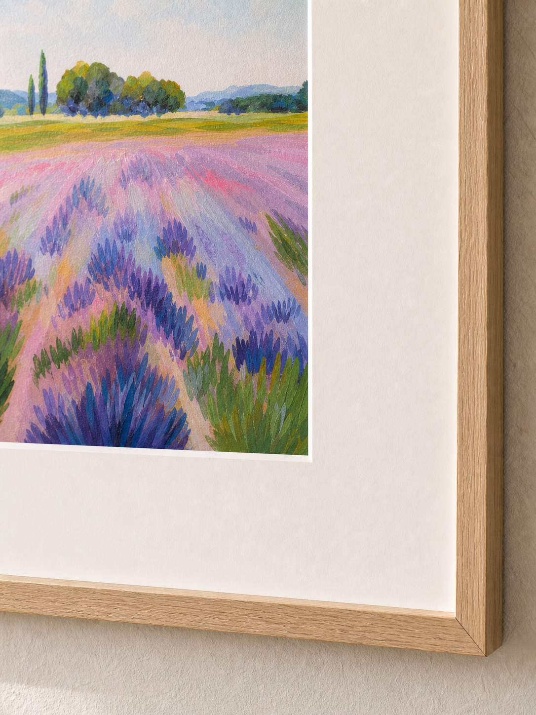 Lavender Field, Vertical by Amber Miro, original vertical lavender field painting, angled close-up of the mat and frame