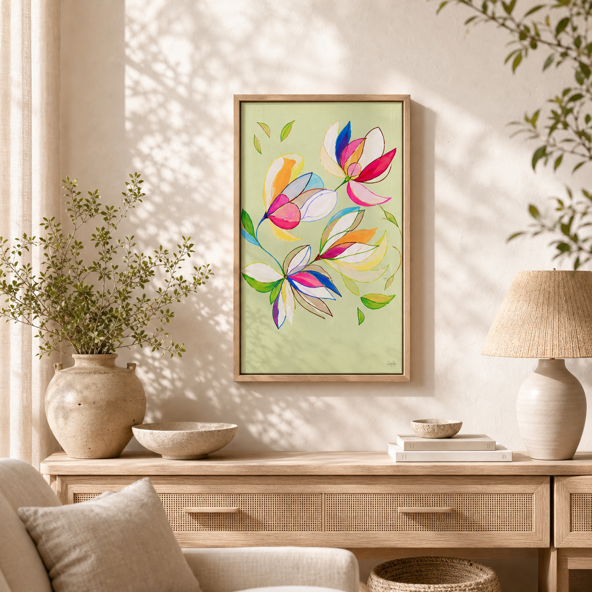 Green Magnolia by Amber Miro, original magnolia painting on pale green, in a slim wood frame above a desk with a lamp