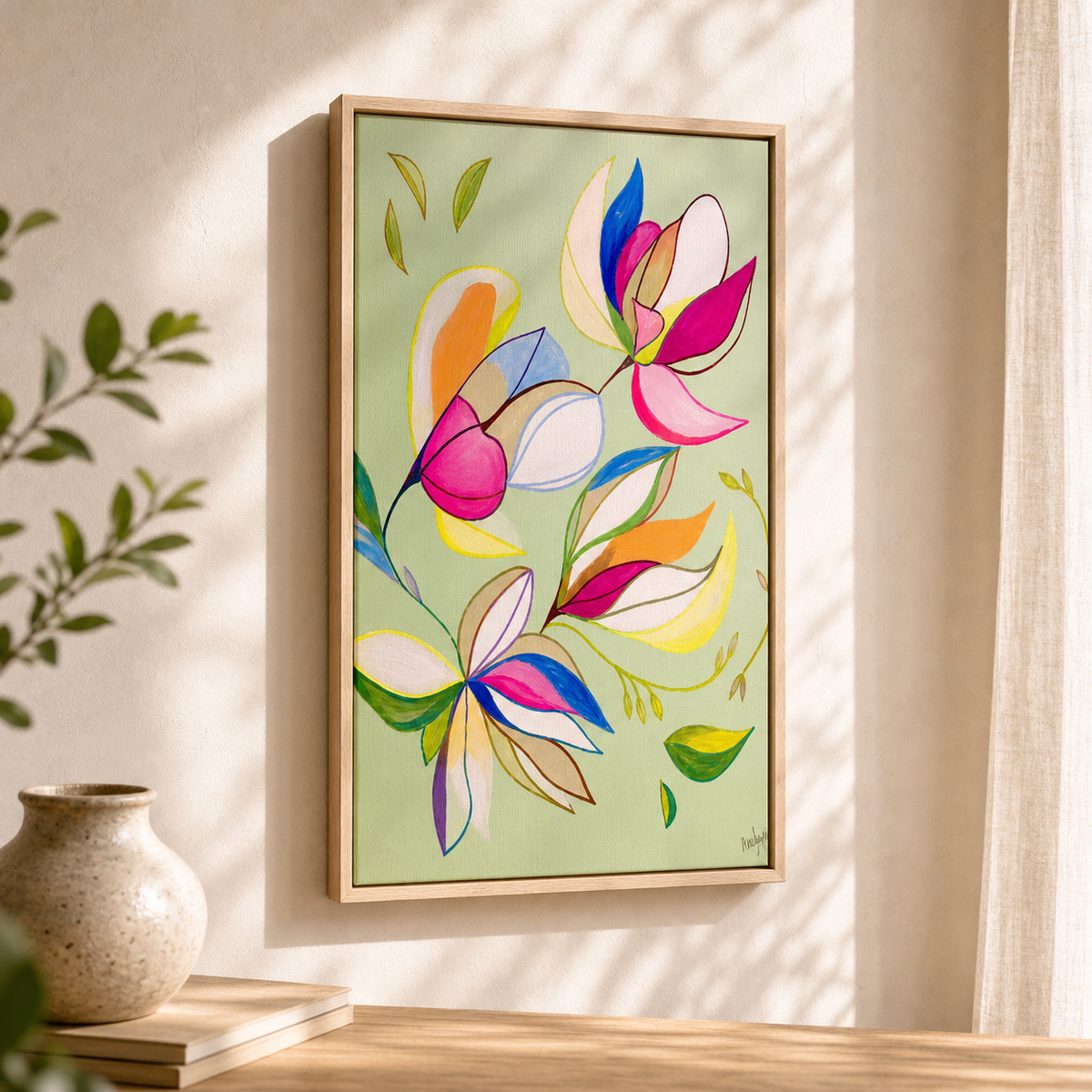 Green Magnolia by Amber Miro, original magnolia painting on pale green, angled view in a slim wood frame