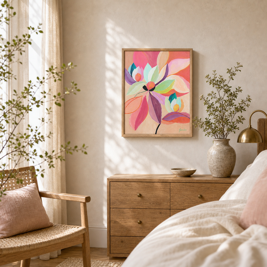 Magnolia Pink by Amber Miro, original painting of pink magnolia blooms, framed above a dresser in a bedroom