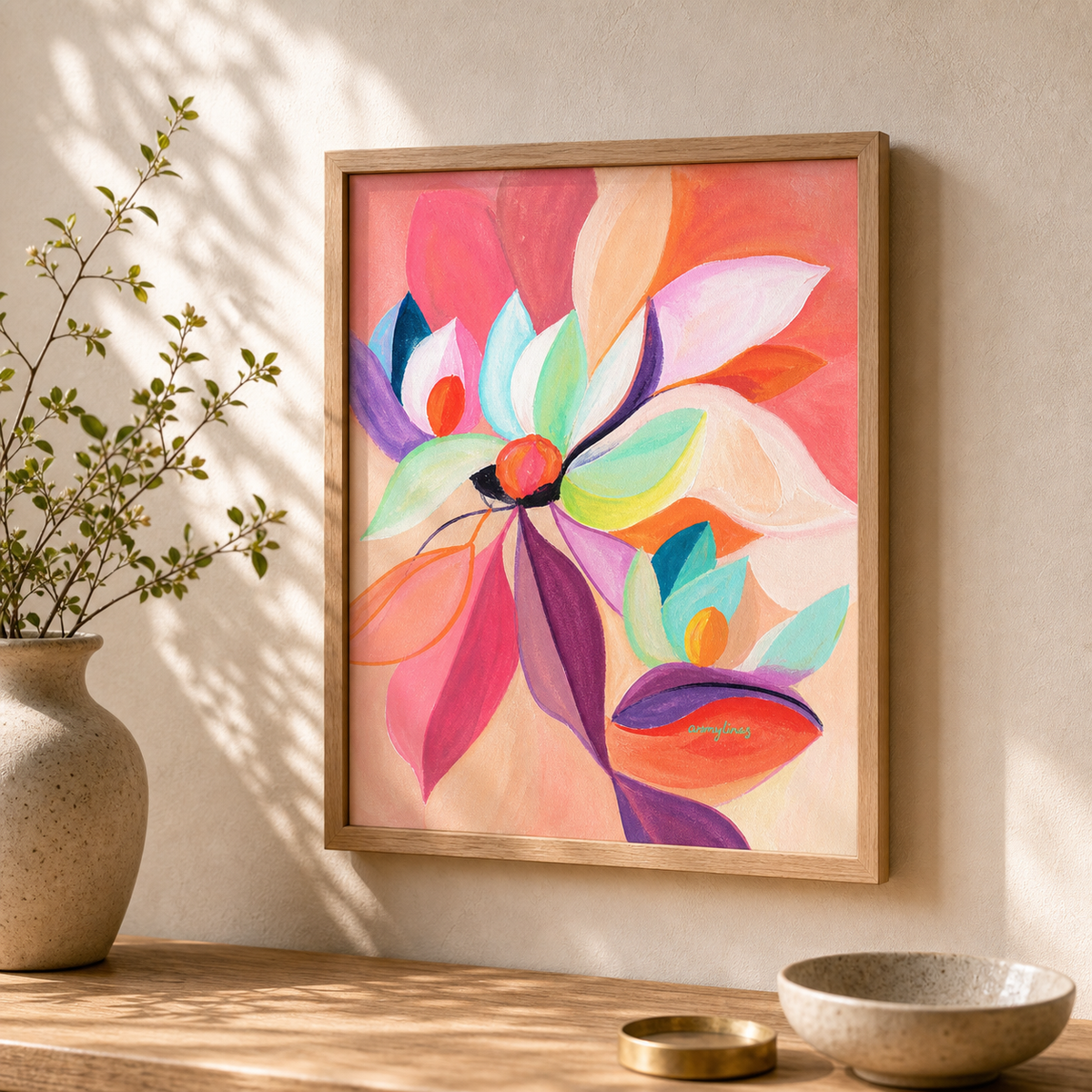 Magnolia Pink by Amber Miro, original painting of pink magnolia blooms, angled view, leaning in a wood frame