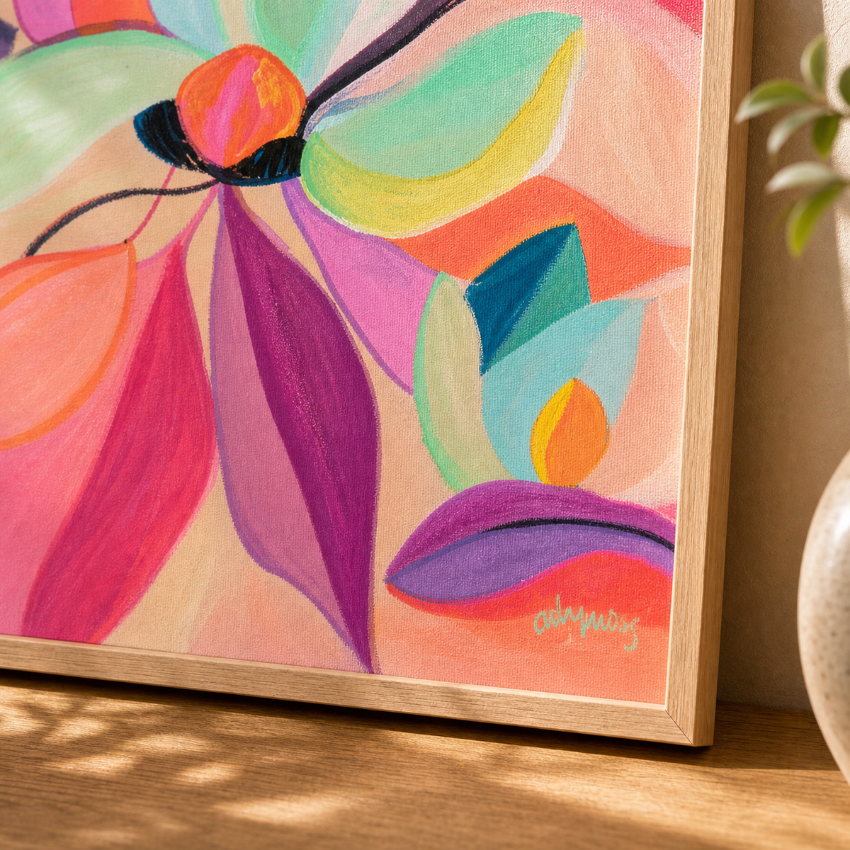 Magnolia Pink by Amber Miro, original painting of pink magnolia blooms, close-up of the brushwork and signature