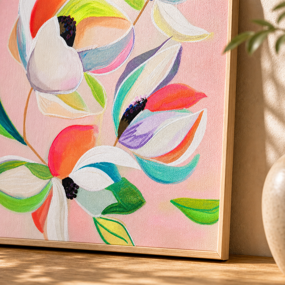 Magnolia Pink by Amber Miro, original painting of pink magnolia blooms, close-up of the white and coral petals