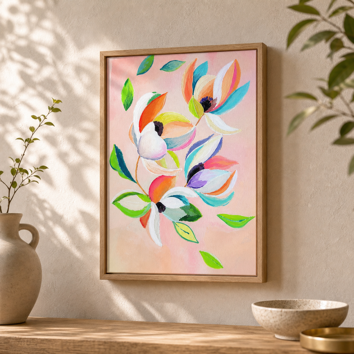 Magnolia Pink by Amber Miro, original painting of pink magnolia blooms, leaning in a wood frame, front view