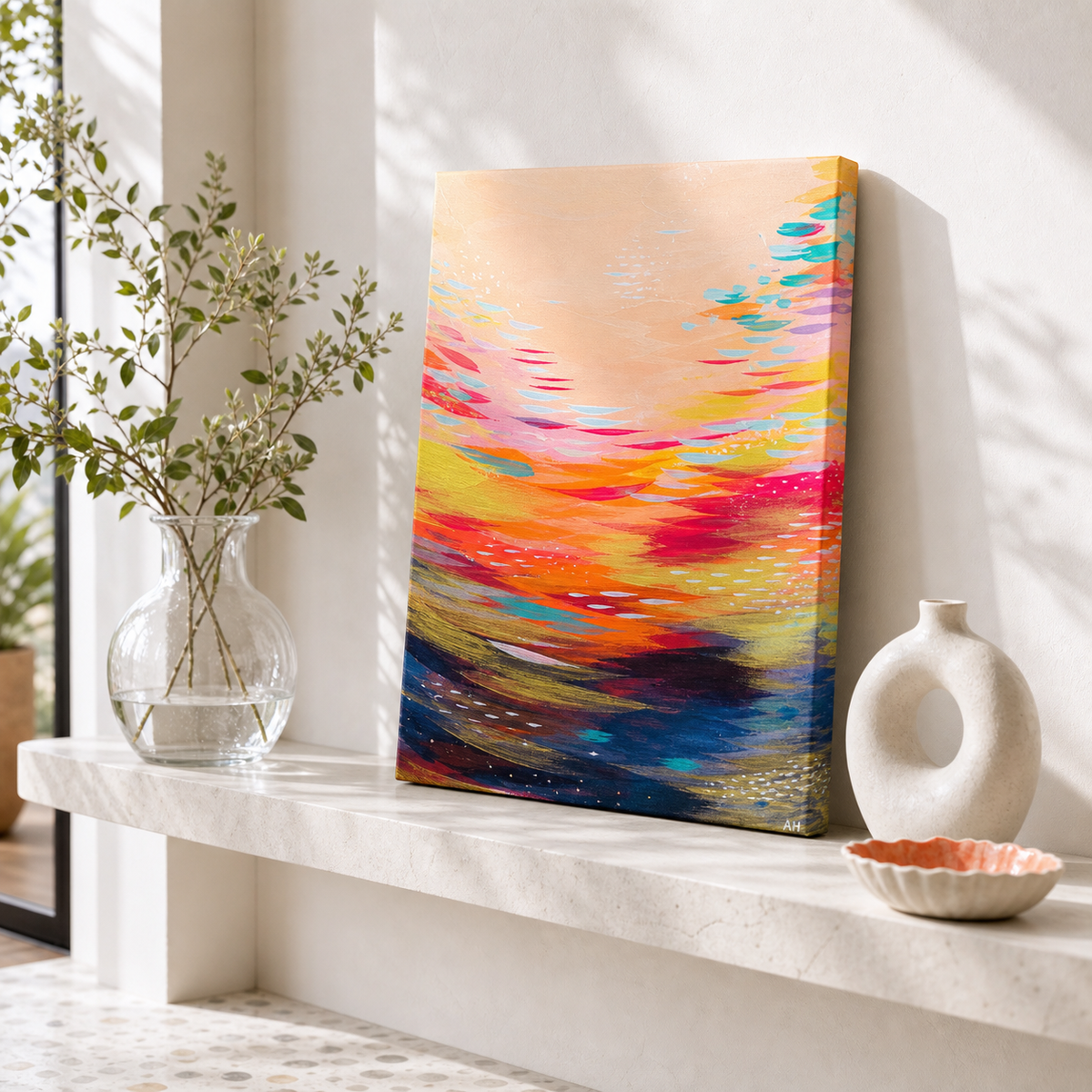 Modern by Amber Miro, original abstract painting in pink, orange, and navy, unframed canvas leaning on a white bench