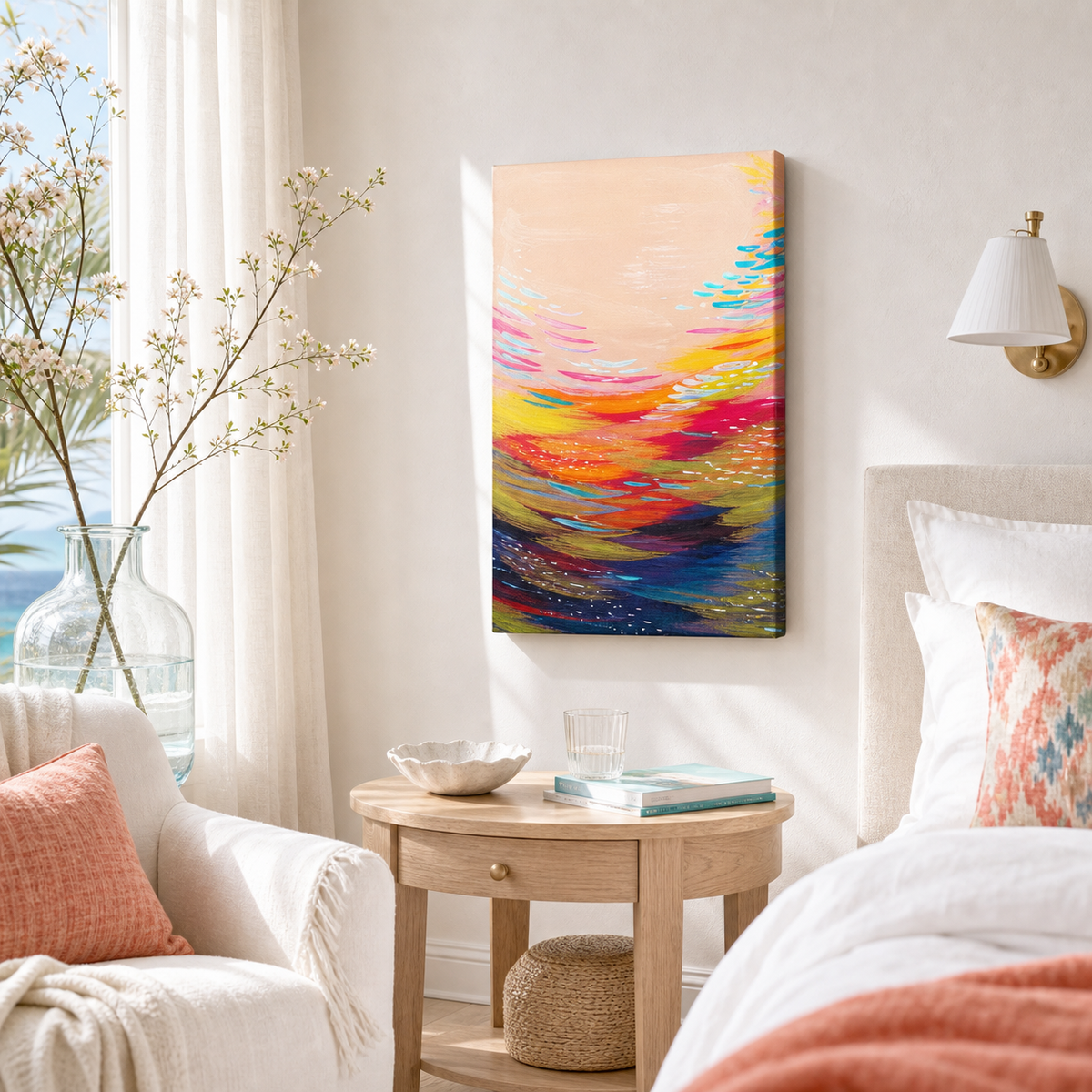 Modern by Amber Miro, original abstract painting in pink, orange, and navy, hanging above a bedroom nightstand
