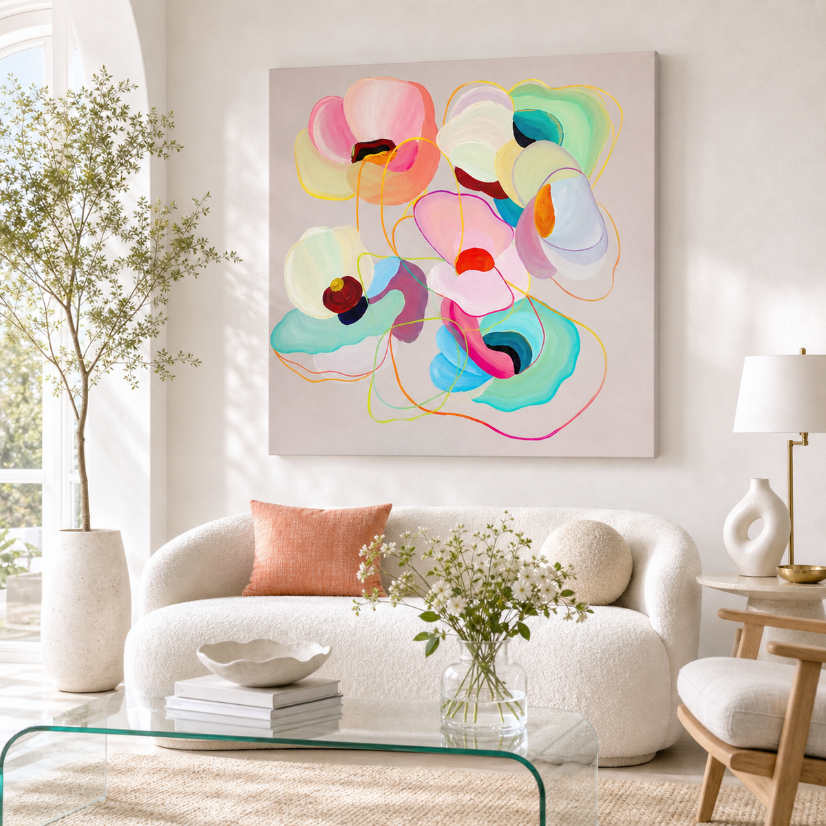 Modern Poppies by Amber Miro, original large painting of close-cropped poppies, hanging above a white sofa