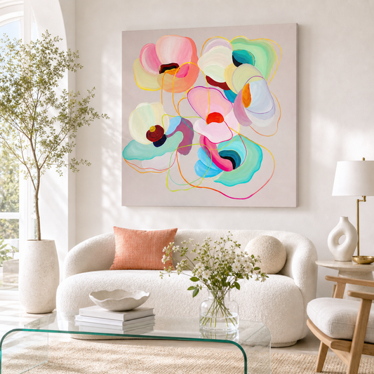 Modern Poppies by Amber Miro, original large painting of close-cropped poppies, hanging above a white sofa