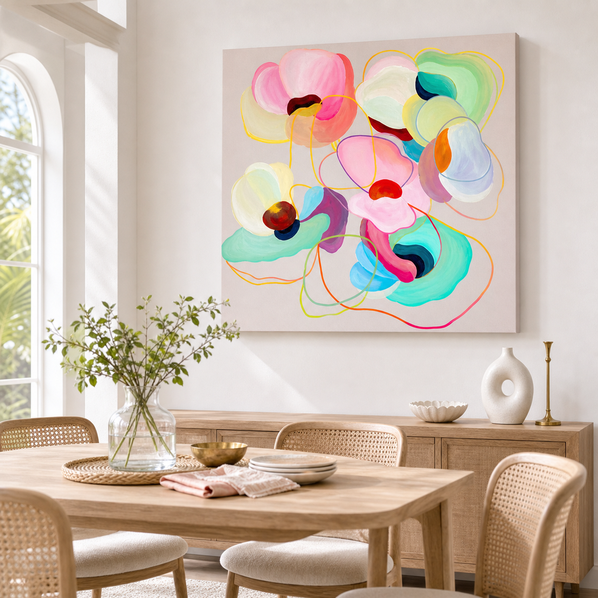 Modern Poppies by Amber Miro, original large painting of close-cropped poppies, hanging in a dining room above a sideboard