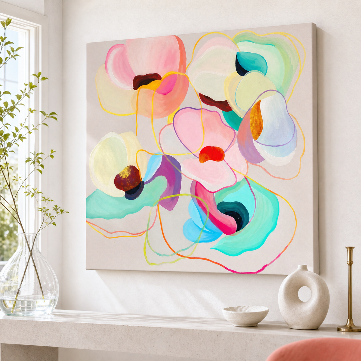 Modern Poppies by Amber Miro, original large painting of close-cropped poppies, hanging above a white shelf with vases
