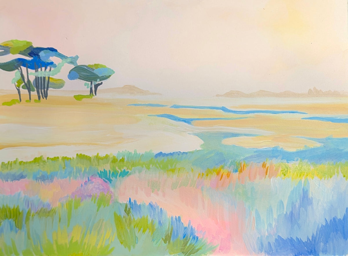 Morning Marsh by Amber Miro, original salt marsh painting in soft pink and sage, full view, straight on