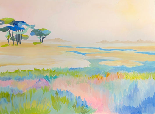 Morning Marsh by Amber Miro, original salt marsh painting in soft pink and sage, full view, straight on
