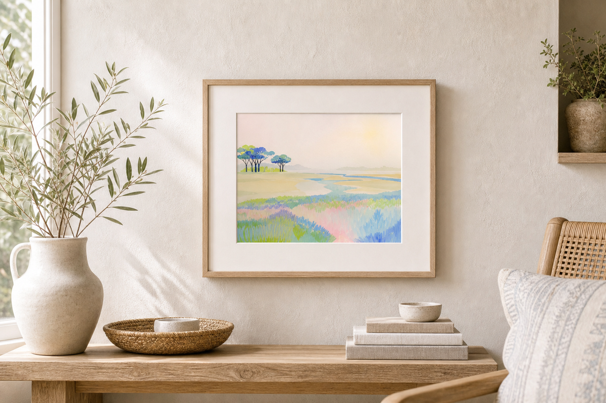 Morning Marsh by Amber Miro, original salt marsh painting in soft pink and sage, matted and framed above a wooden console
