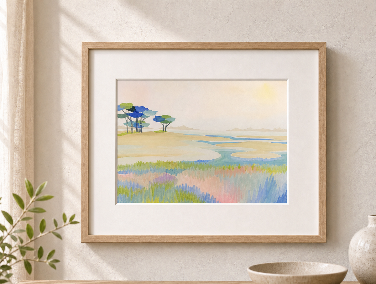Morning Marsh by Amber Miro, original salt marsh painting in soft pink and sage, framed in oak with a white mat on the wall