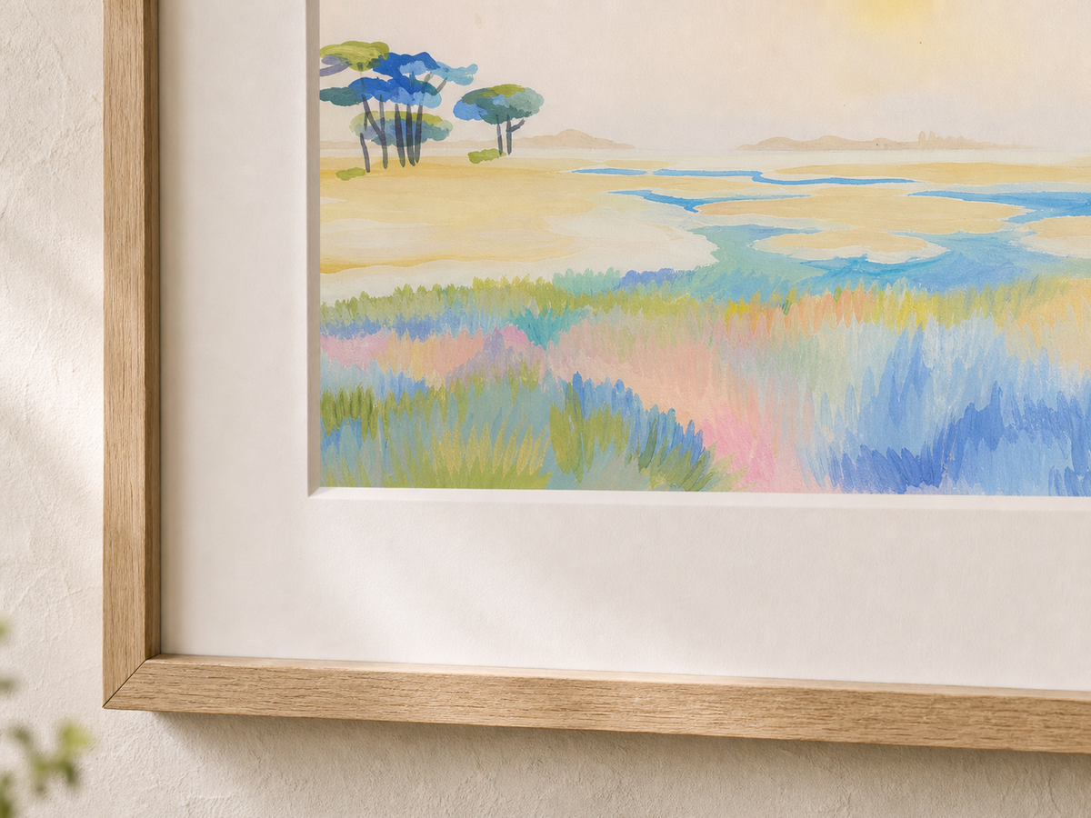Morning Marsh by Amber Miro, original salt marsh painting in soft pink and sage, angled close-up of the mat and oak frame