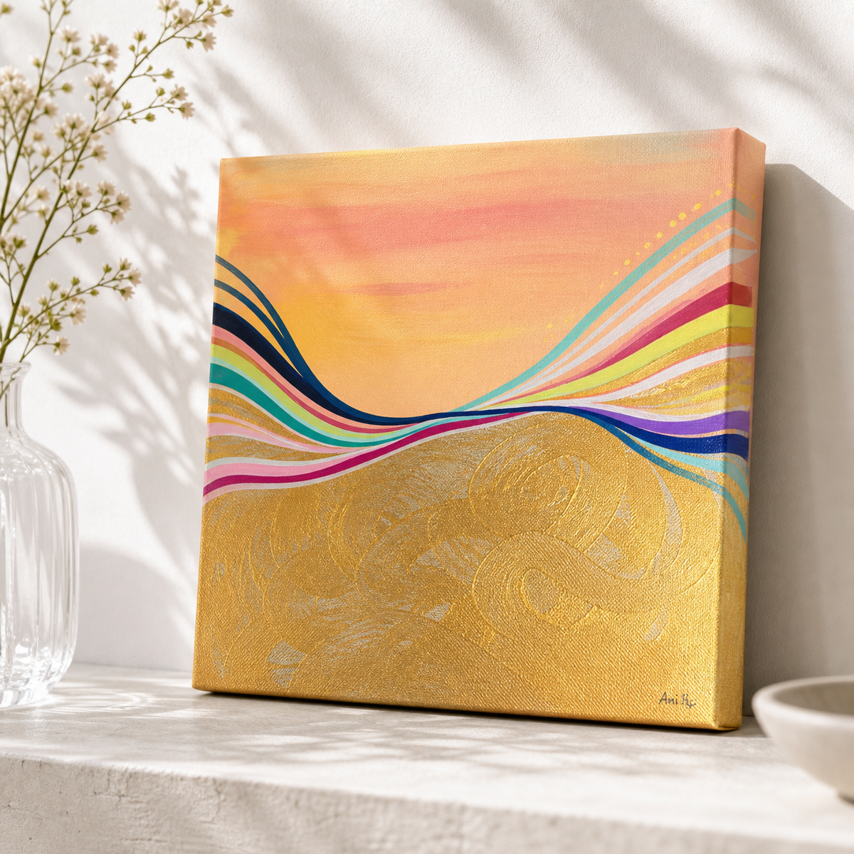 Pink Electric by Amber Miro, original sunset painting in coral, gold, and hot pink, angled view of the unframed canvas