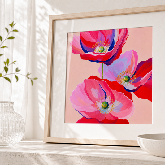 Pink Poppy Trio by Amber Miro, original painting of three pink poppies, angled view, matted in a wood frame