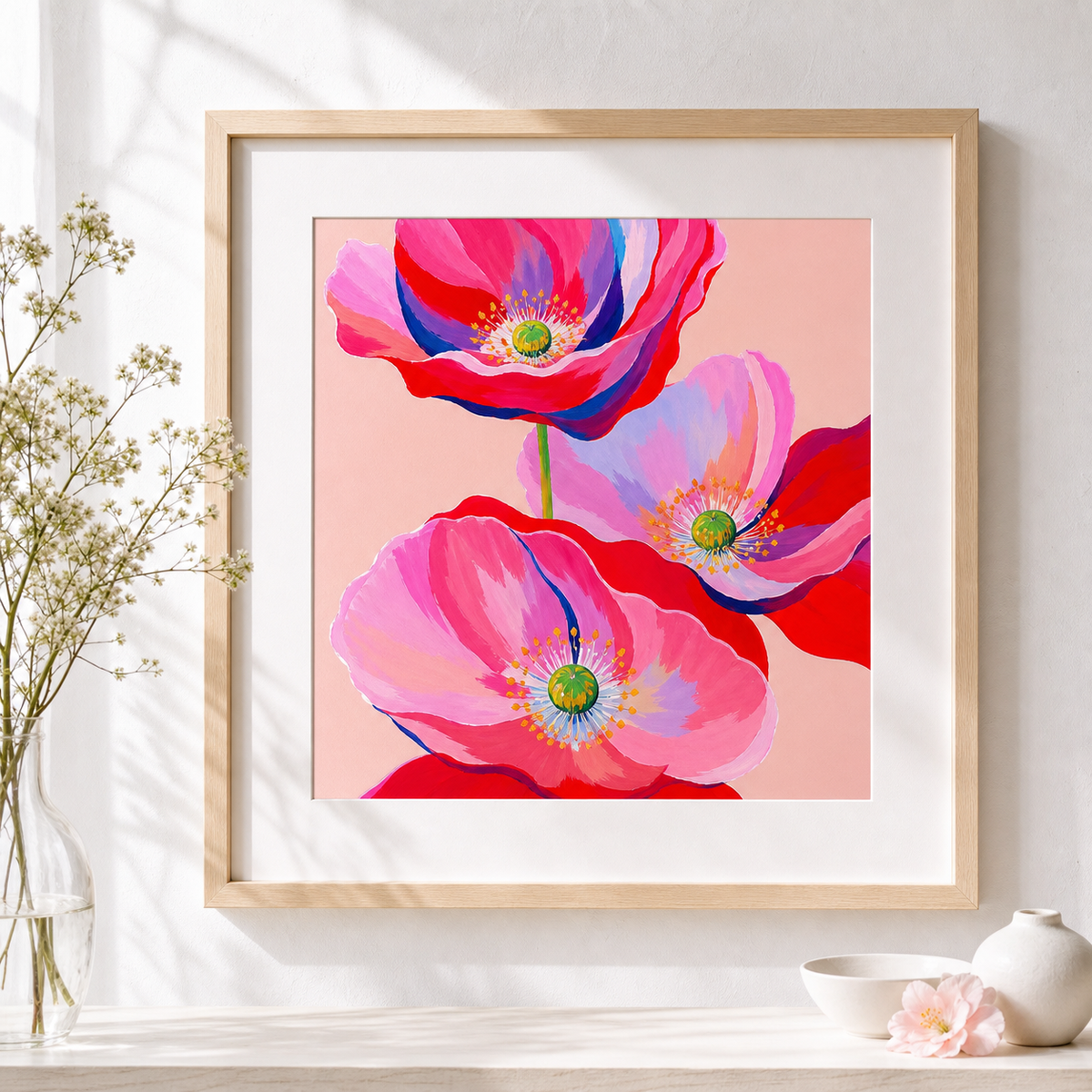 Pink Poppy Trio by Amber Miro, original painting of three pink poppies, leaning on a white shelf, front view