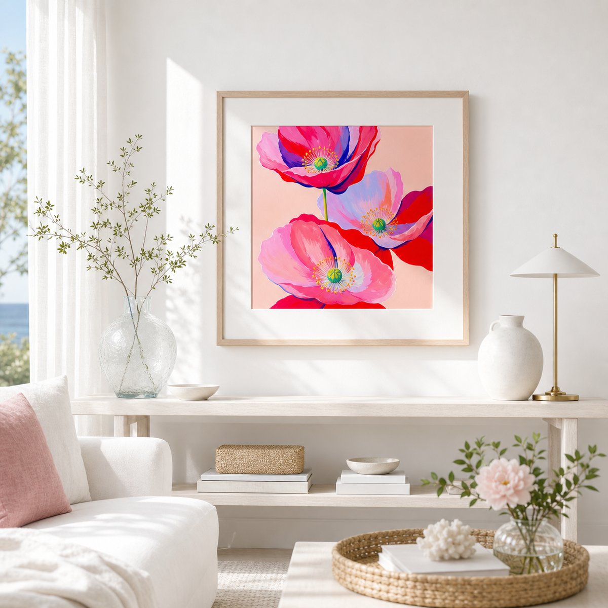 Pink Poppy Trio by Amber Miro, original painting of three pink poppies, framed above a white shelf in a living room