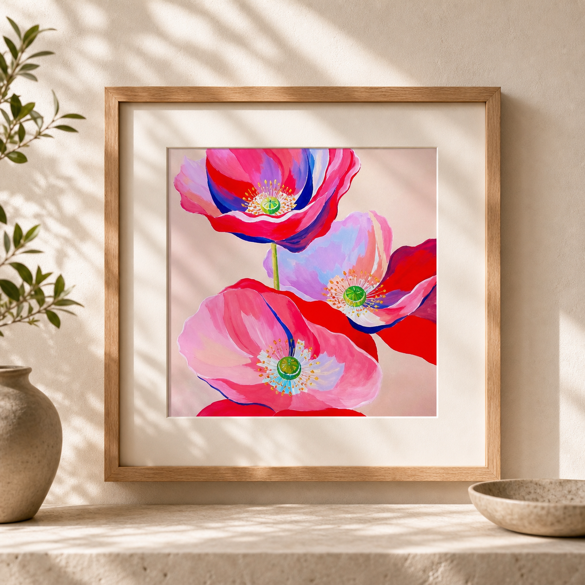 Pink Poppy Trio by Amber Miro, original painting of three pink poppies, matted in oak on a stone shelf