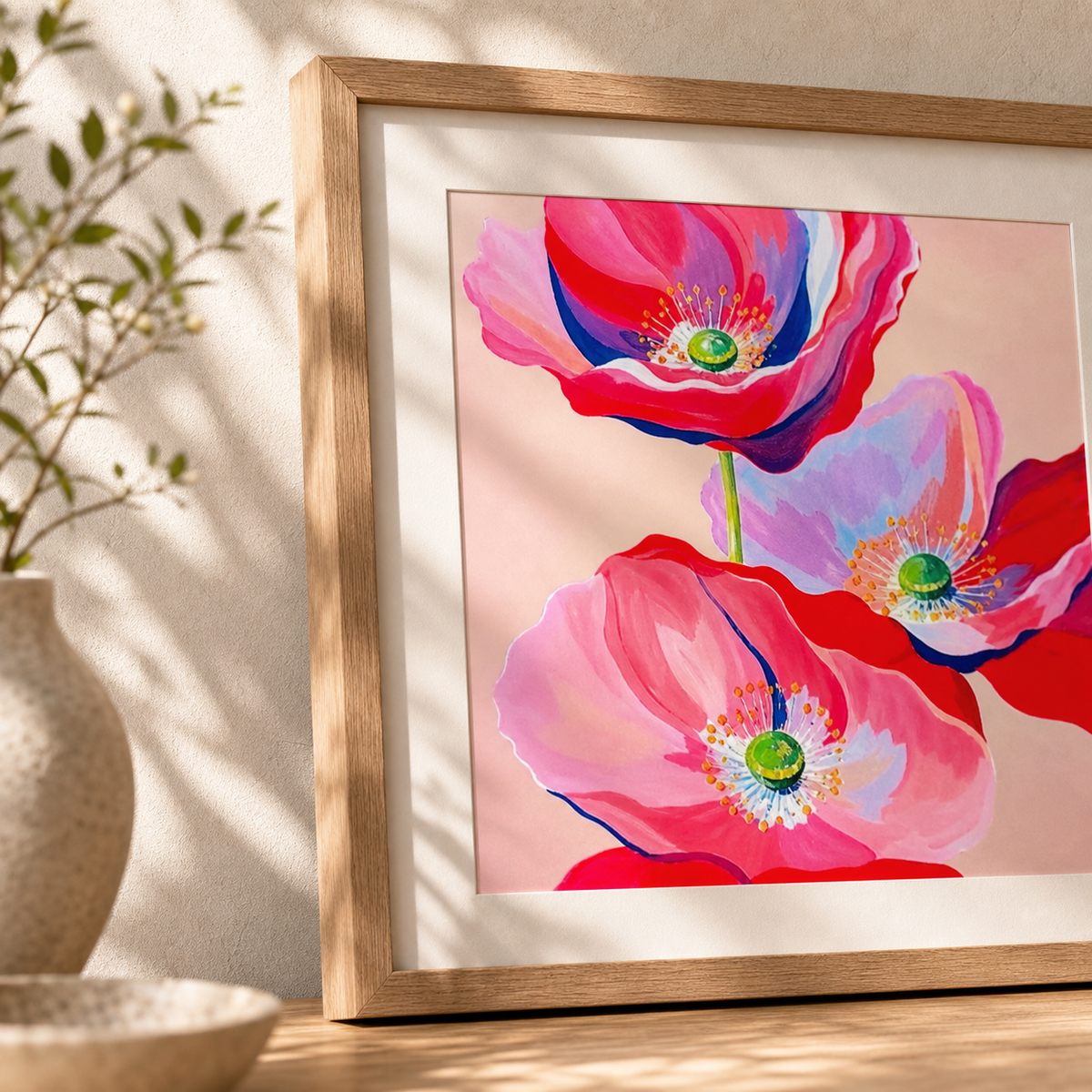 Pink Poppy Trio by Amber Miro, original painting of three pink poppies, angled close-up in an oak frame
