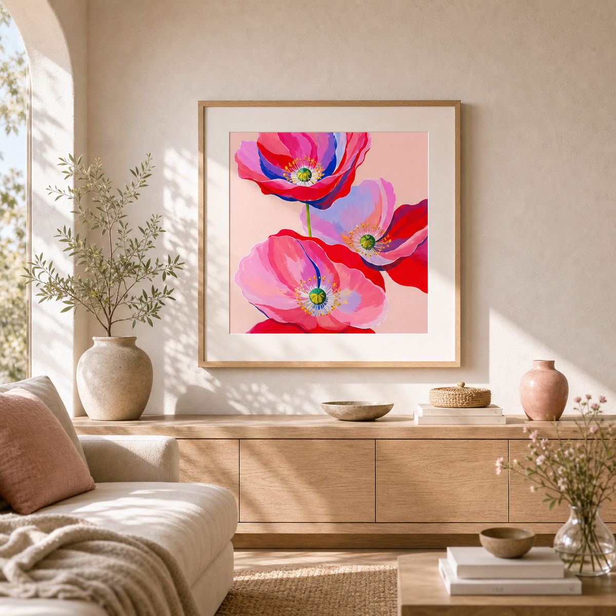 Pink Poppy Trio by Amber Miro, original painting of three pink poppies, framed above a wooden sideboard