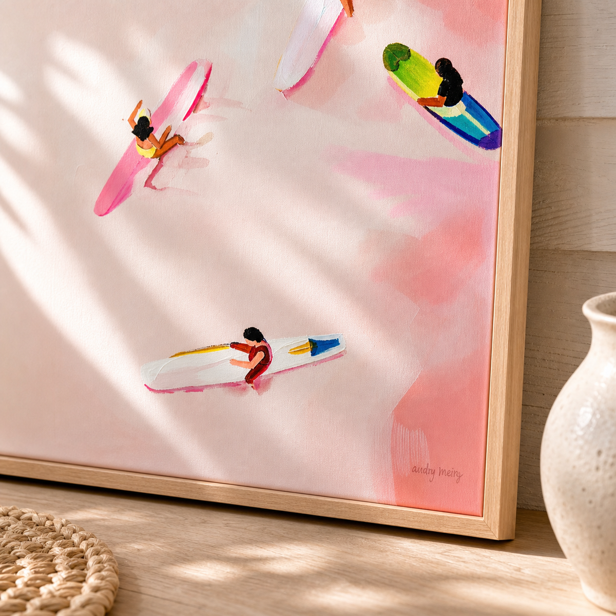 Pink Surf by Amber Miro, original painting of surfers on a pink and coral wash, angled close-up of the surfers