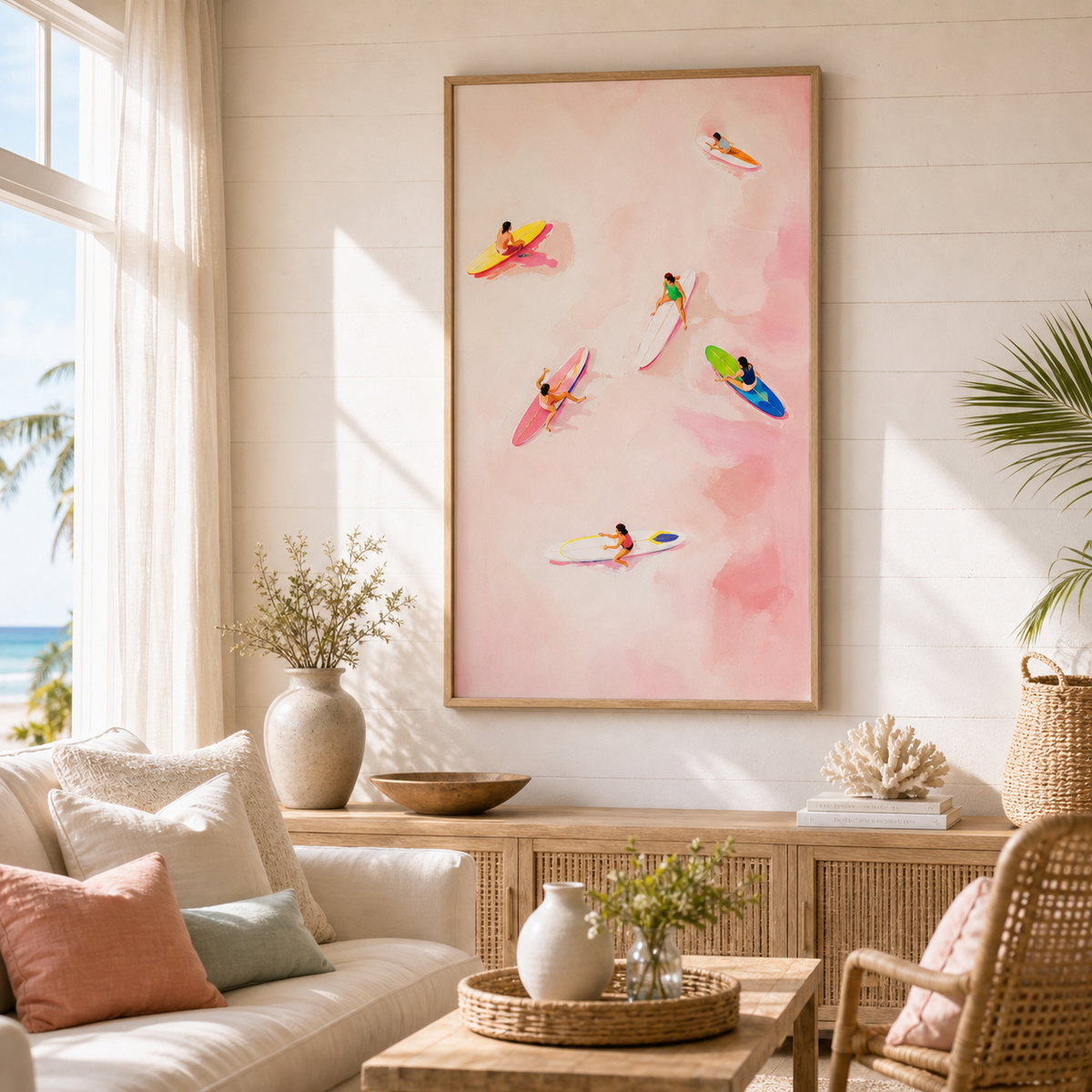 Pink Surf by Amber Miro, original painting of surfers on a pink and coral wash, hanging in a bright living room