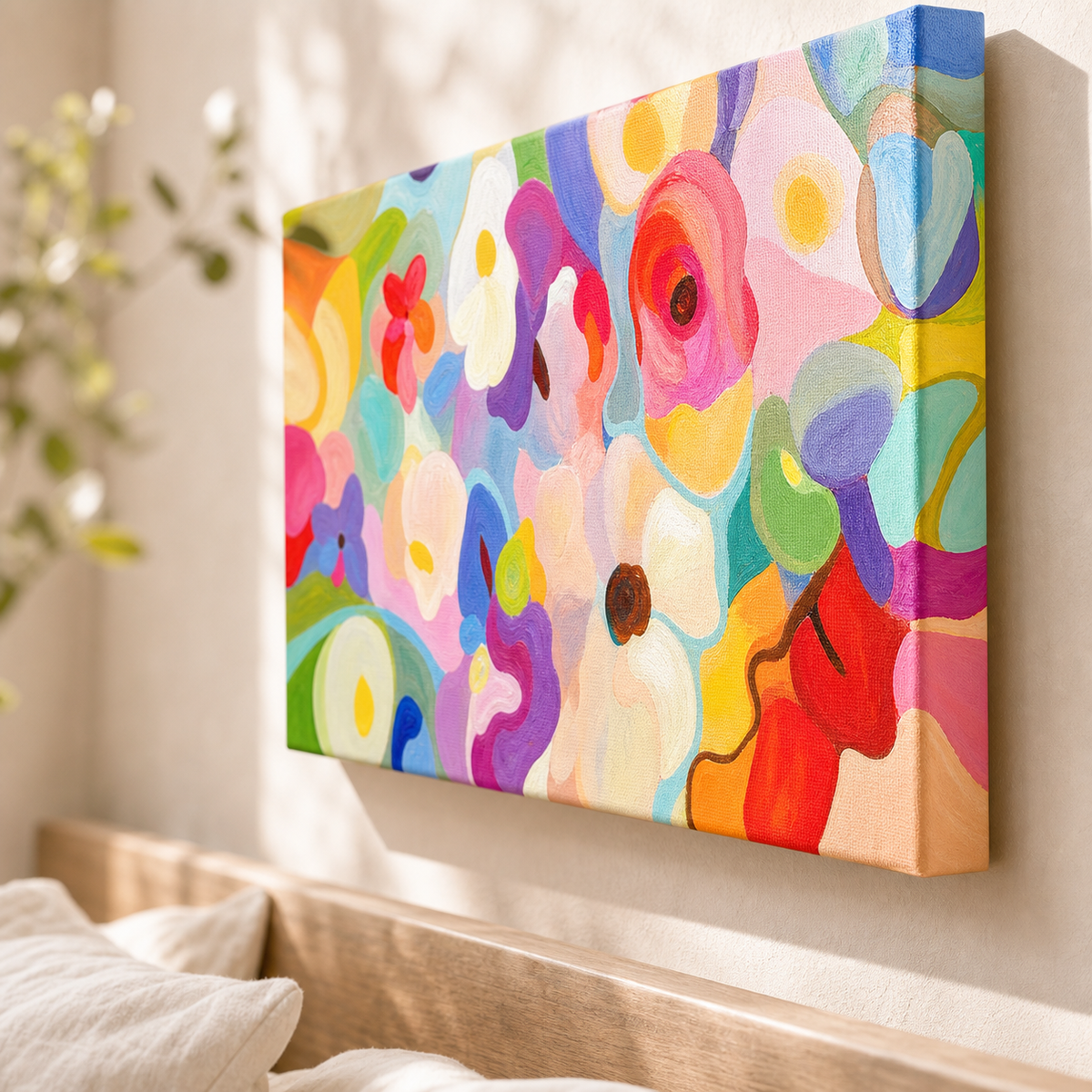 Puzzleflowers by Amber Miro, original panoramic painting of interlocking blooms, angled view of the canvas edge