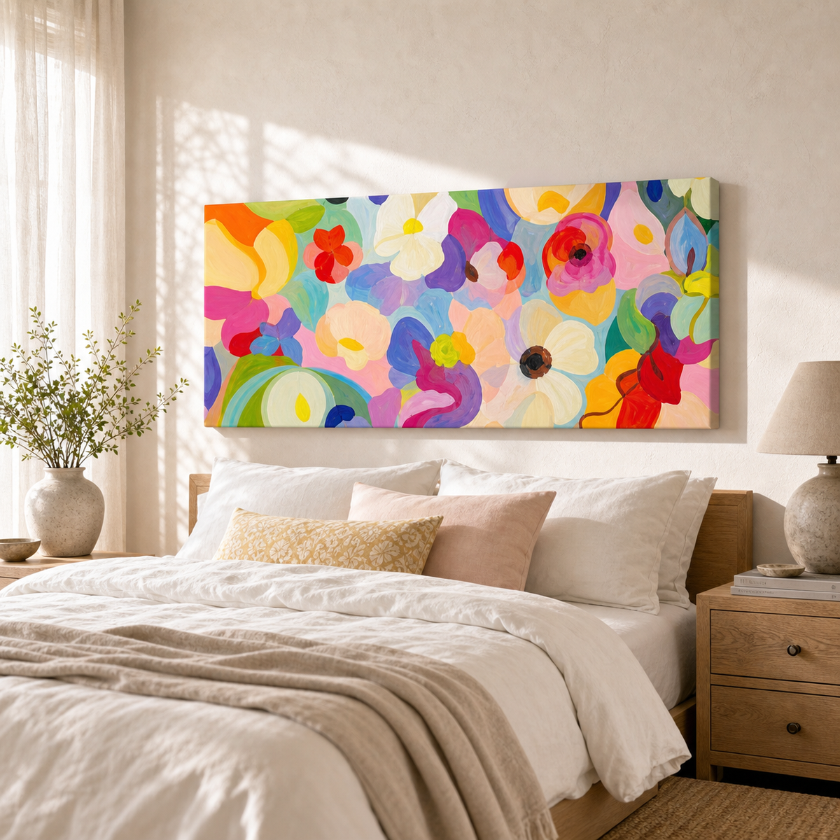 Puzzleflowers by Amber Miro, original panoramic painting of interlocking blooms, hanging above a bed