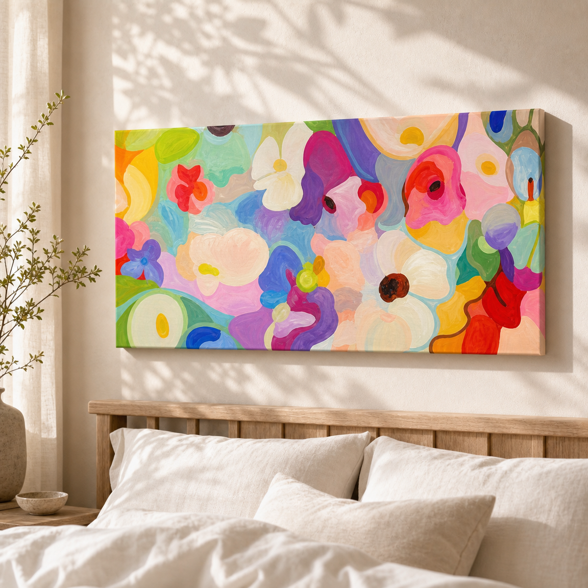 Puzzleflowers by Amber Miro, original panoramic painting of interlocking blooms, above a bed with white linens, close view