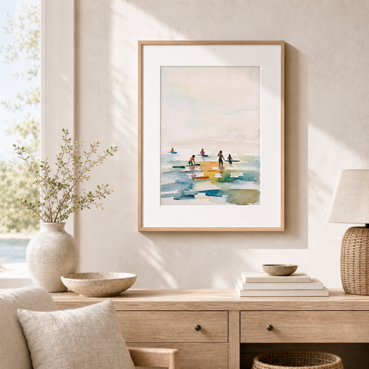 Summer Afternoon by Amber Miro, original watercolor in soft blush and blue, matted in oak above a wooden dresser