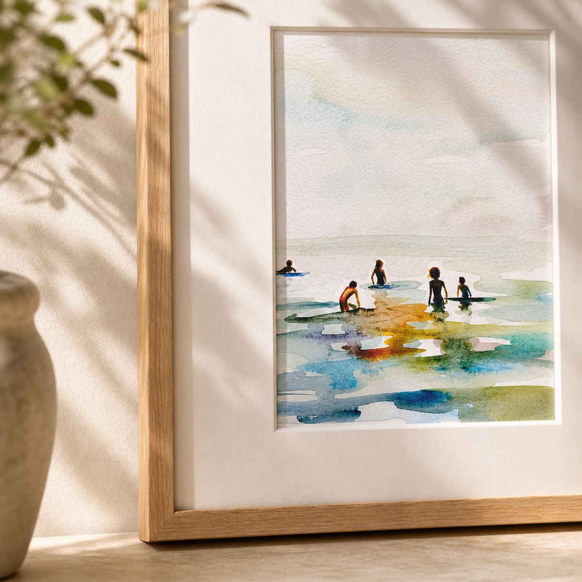 Summer Afternoon by Amber Miro, original watercolor in soft blush and blue, angled close-up of the figures wading