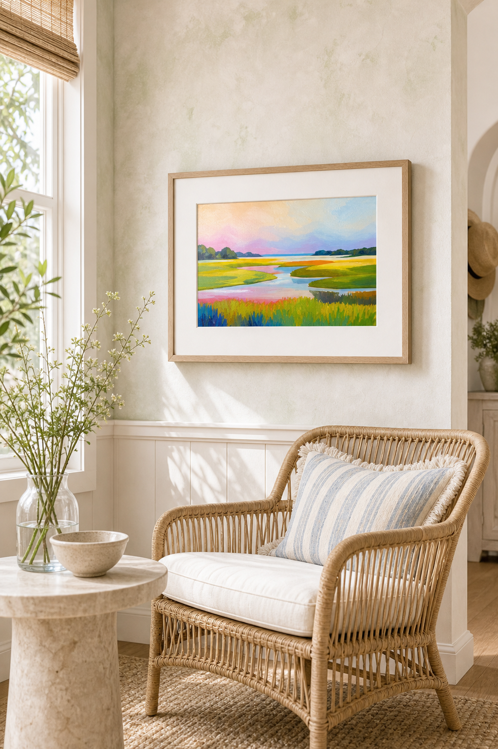 Sunset Marsh by Amber Miro, original marsh painting in pink and green-gold, matted in oak above a rattan chair