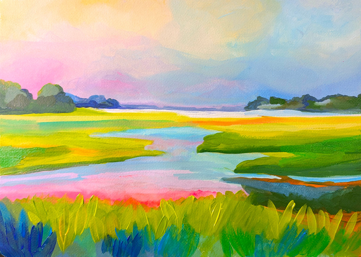 Sunset Marsh by Amber Miro, original marsh painting in pink and green-gold, full view, straight on