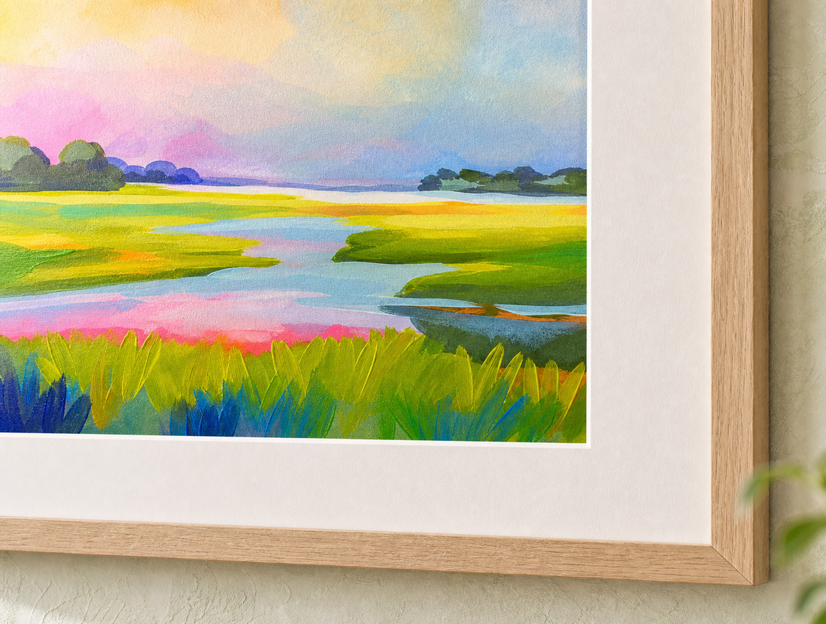 Sunset Marsh by Amber Miro, original marsh painting in pink and green-gold, angled close-up of the mat and frame