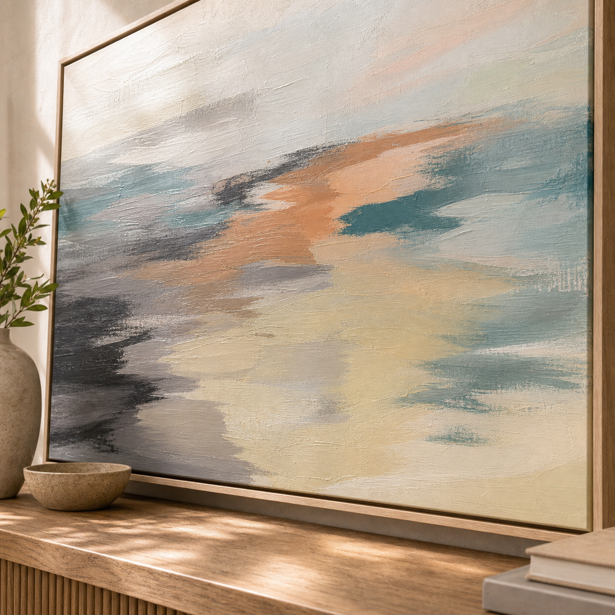 Tidal Abstract by Amber Miro, original abstract in black, peach, slate, and cream, angled close-up of the canvas on a console