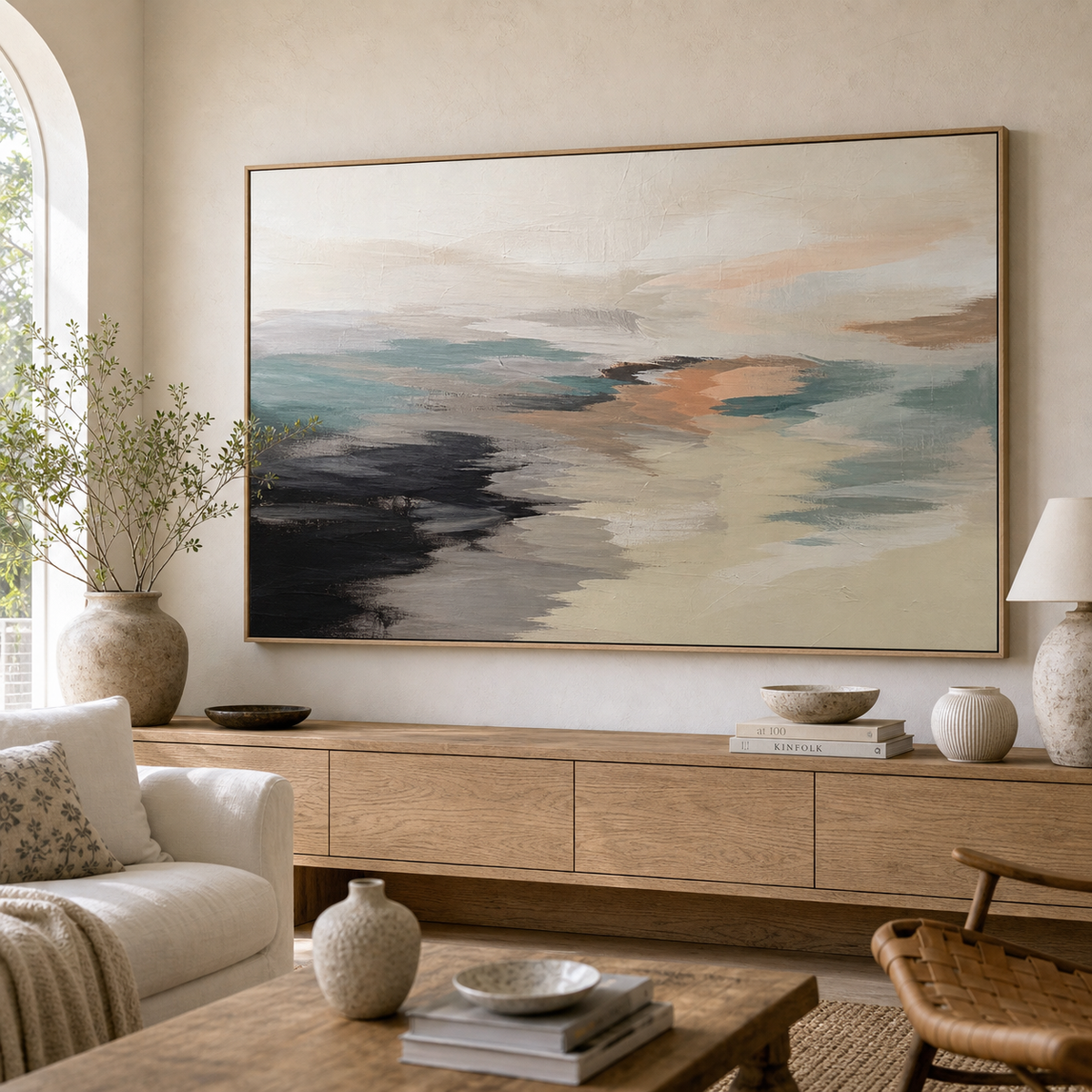 Tidal Abstract by Amber Miro, original abstract in black, peach, slate, and cream, hanging above a wooden sideboard