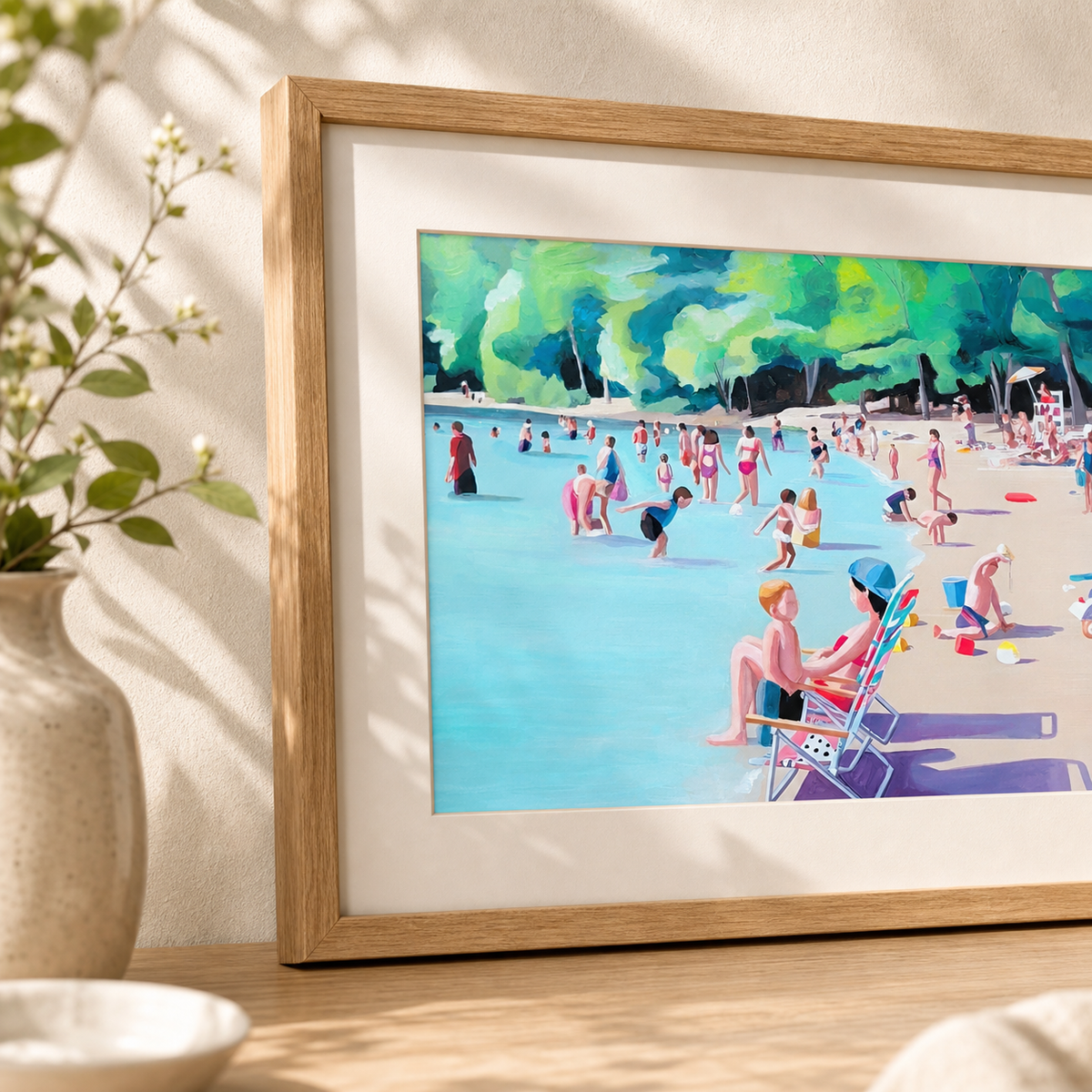 Walden by Amber Miro, fine art print of swimmers at Walden Pond, angled view, matted in an oak frame