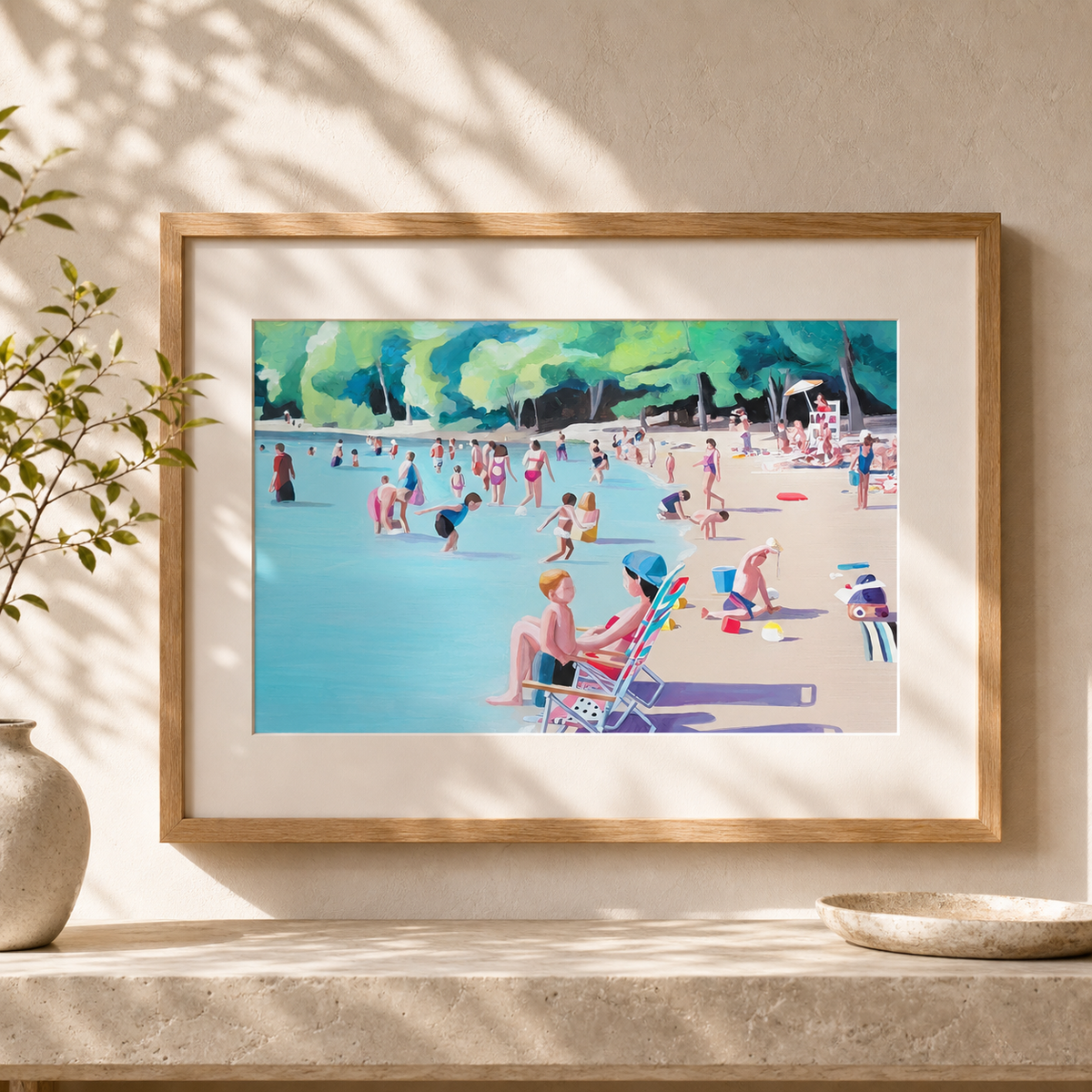 Walden by Amber Miro, original acrylic painting of swimmers at Walden Pond, leaning on a stone shelf, front view